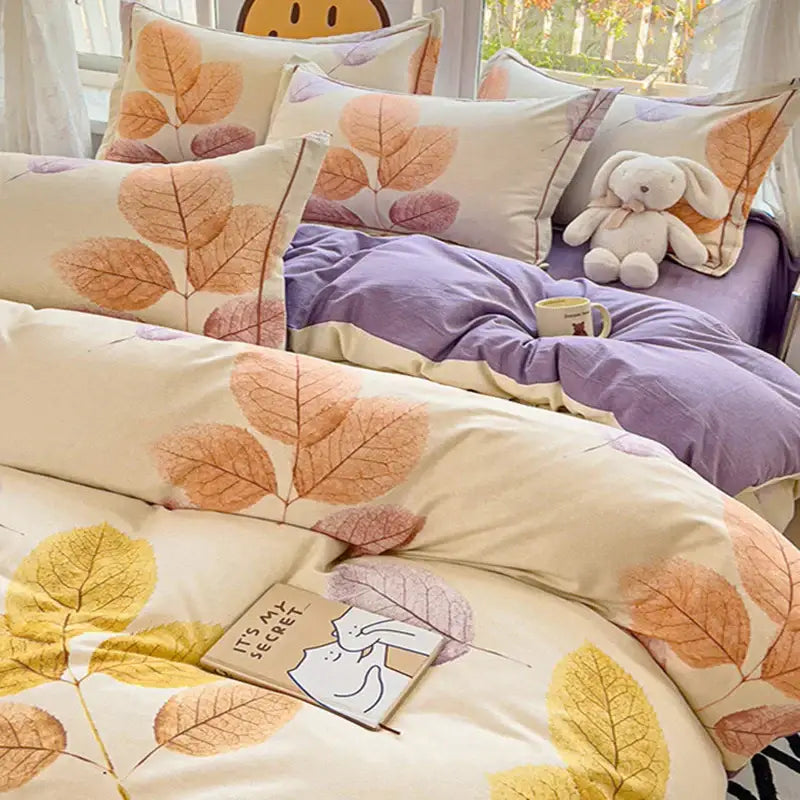 Autumnal leaf cream brushed cotton duvet cover set bedroom