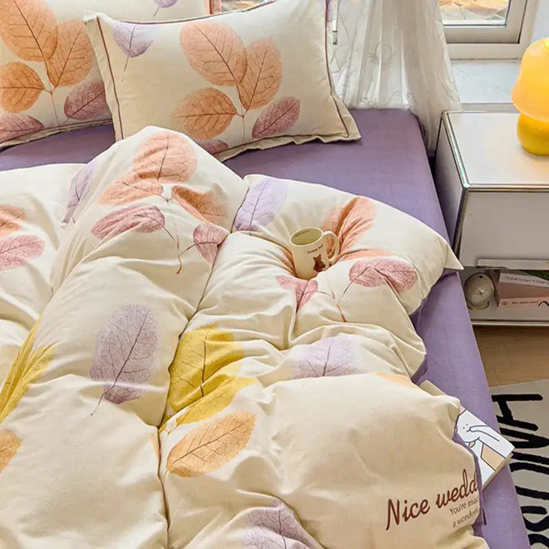 Autumnal leaf cream brushed cotton duvet cover set bedroom
