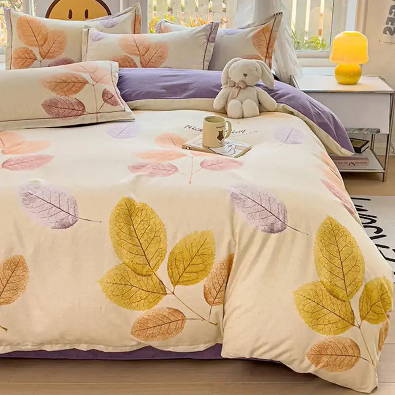 Autumnal leaf cream brushed cotton duvet cover set bedroom