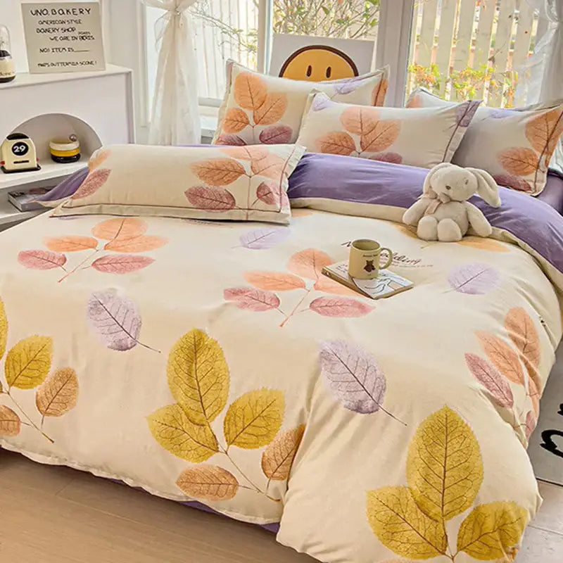 Autumnal leaf cream brushed cotton duvet cover set bedroom
