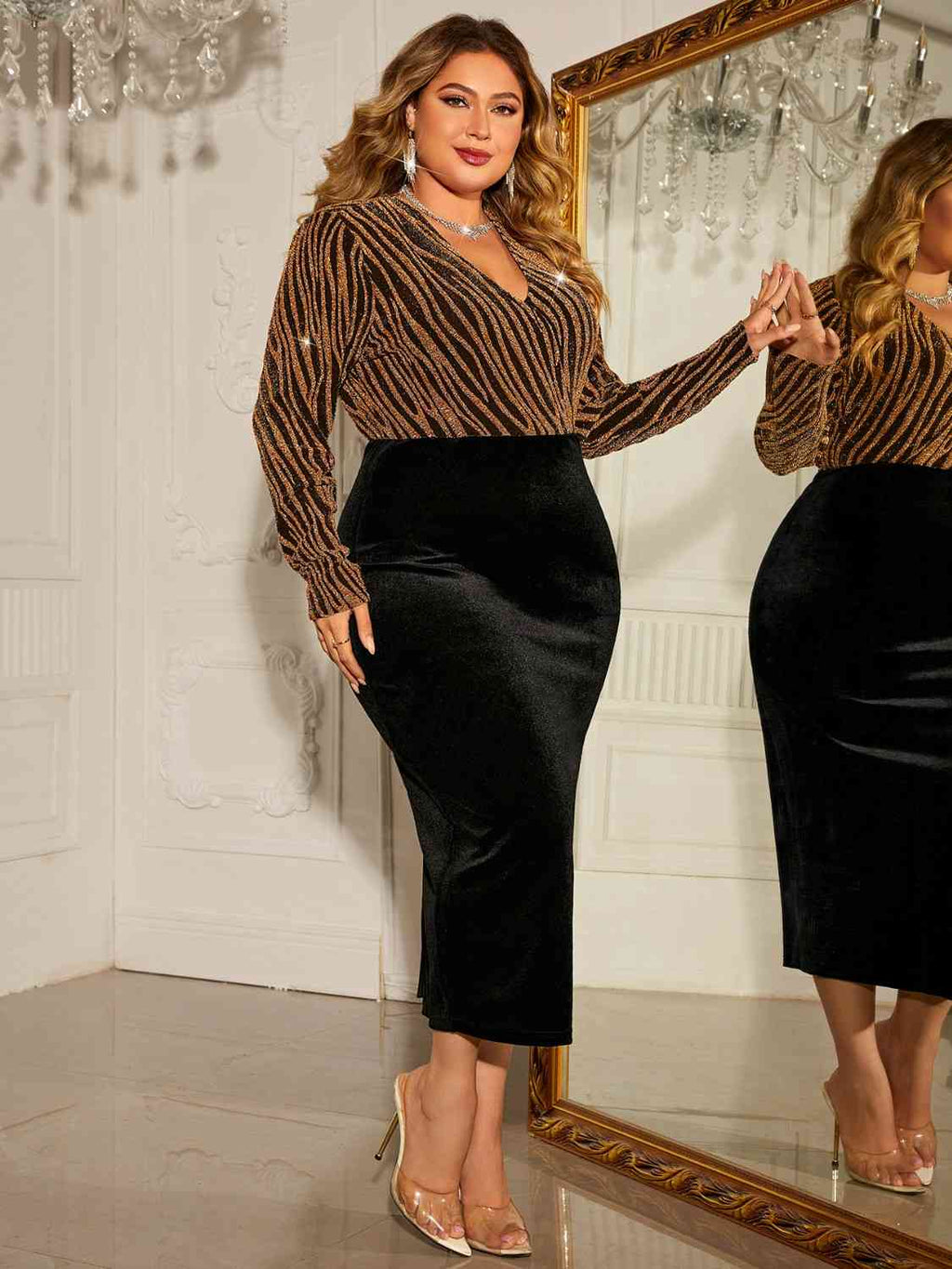 Honey Plus Size Surplice Long Sleeve Slit Dress