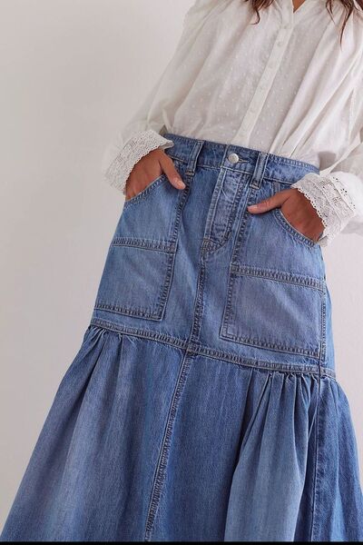 MUNSIEUR Bohemian Denim Midi Skirt - Luxury Flowy Skirt with Pockets for Women