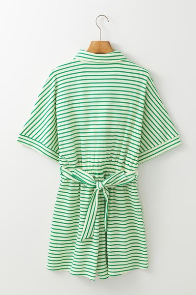 Striped Half Sleeve Tie Waist Romper