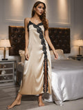 Contrast Lace Trim Spaghetti Strap Split NightGown Sleepwear