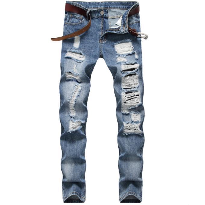 Men's Classic Blue Pants With Patched Holes