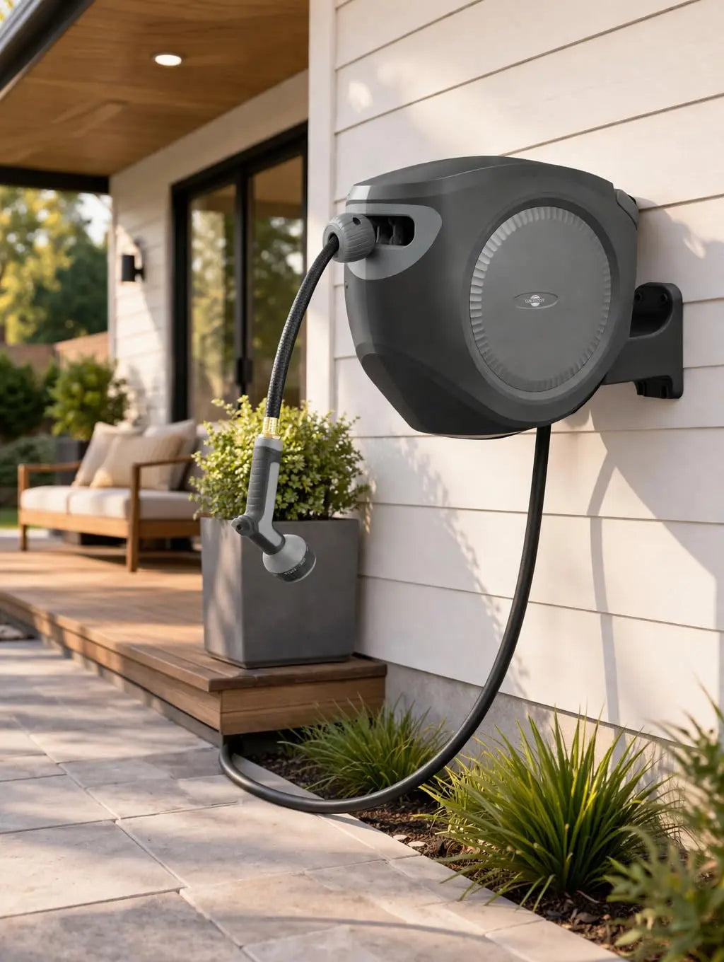 Sunneday Retractable Hose Reel | 75 ft 1/2" | Auto Rewind | 180° Swivel Wall Mount | Multi-Pattern Nozzle | Black/Gray