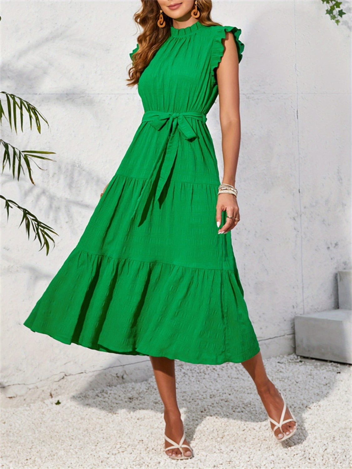 Women's Mock Ruffled Sleeve Midi Dress