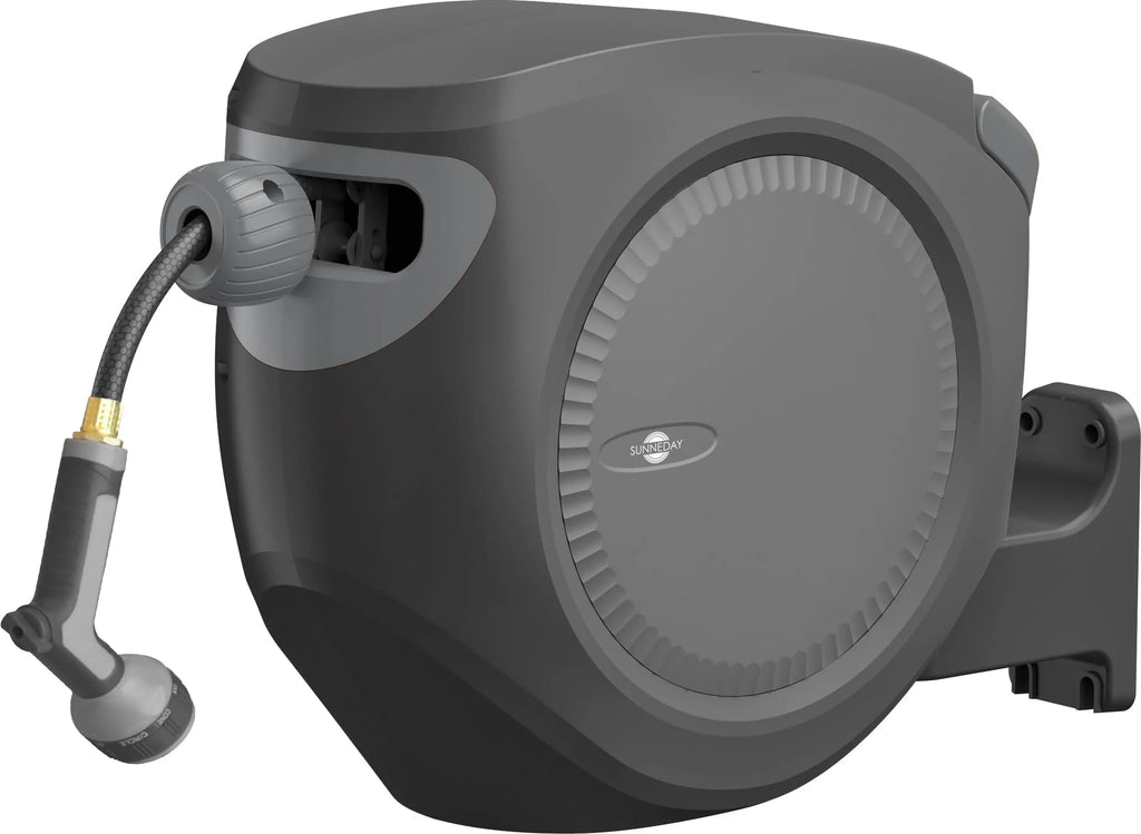 Sunneday Retractable Hose Reel | 75 ft 1/2" | Auto Rewind | 180° Swivel Wall Mount | Multi-Pattern Nozzle | Black/Gray
