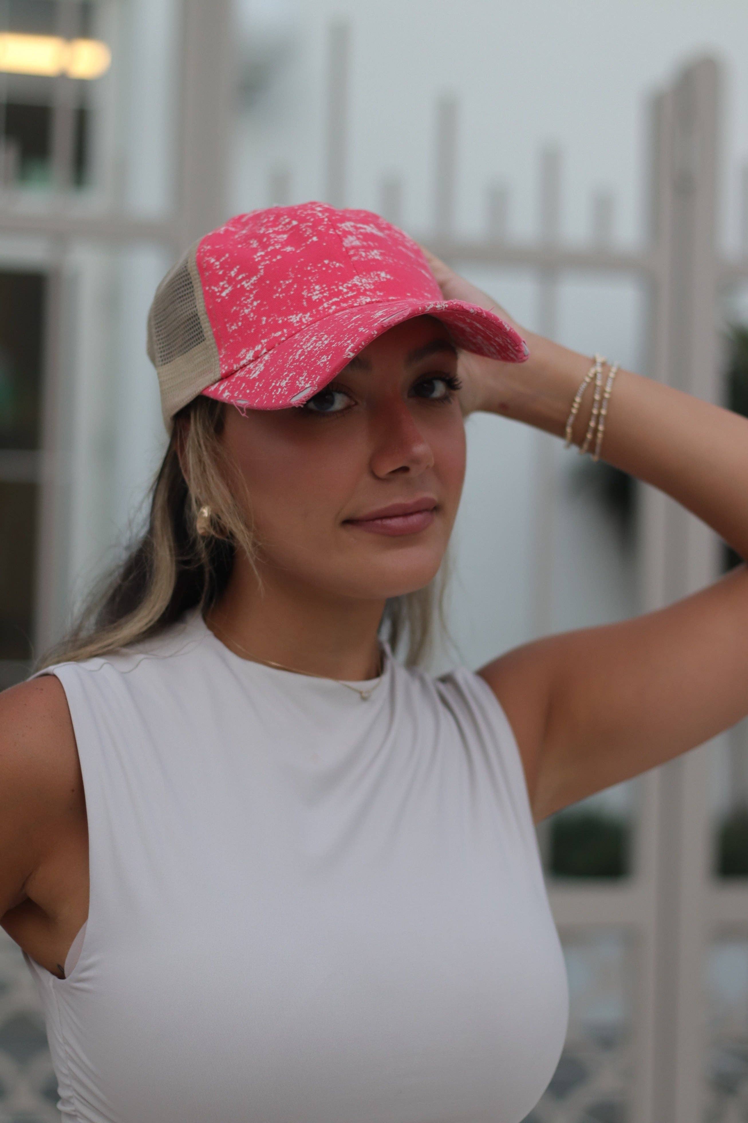 CORAL COLOR HAT WITH DISTRESSED SPLATTER