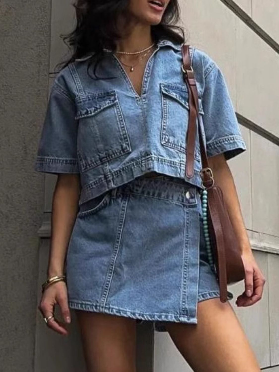 Women's Collar Sleeve 2 pc. Skort Denim Set