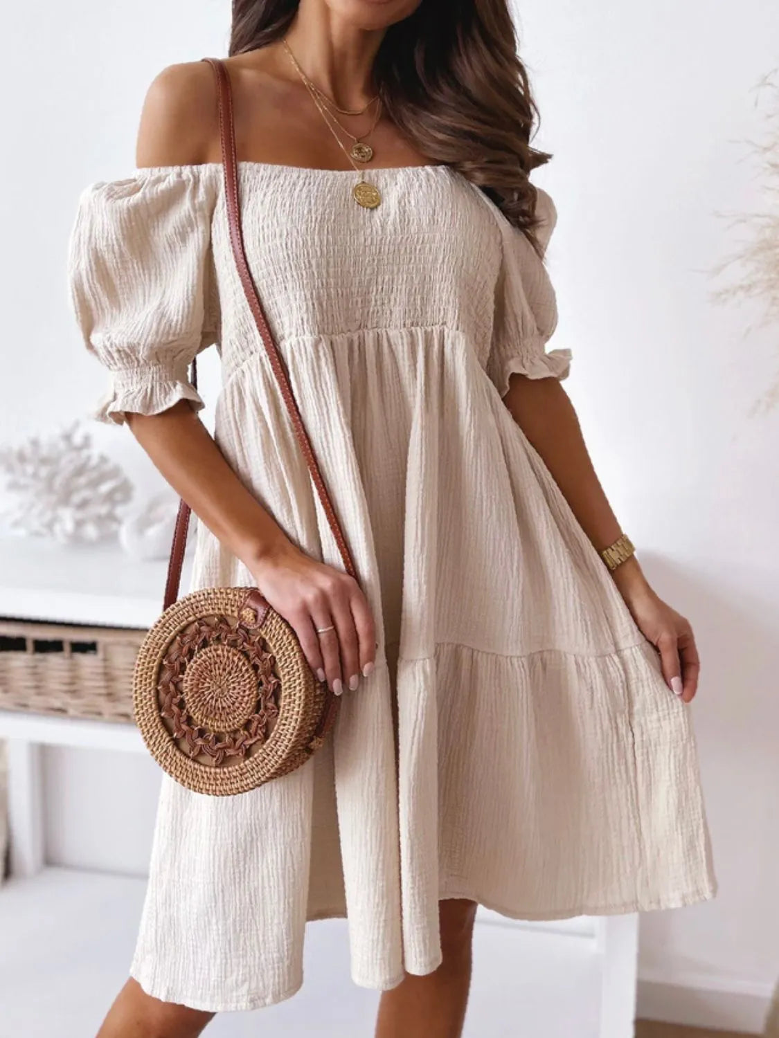 Smocked Off-Shoulder Mini Dress