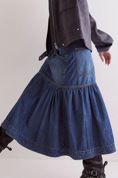 MUNSIEUR Bohemian Denim Midi Skirt - Luxury Flowy Skirt with Pockets for Women