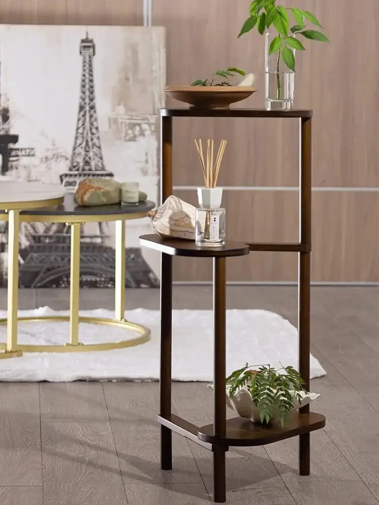 Dark wood bamboo corner plant stand living room 3 tier shelf