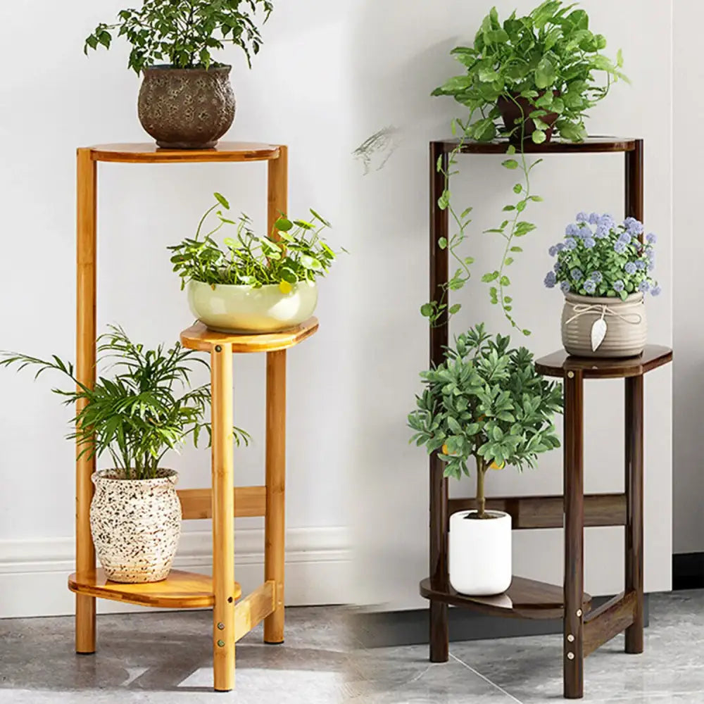 Natural & dark bamboo corner plant stand living room 3-tier rack