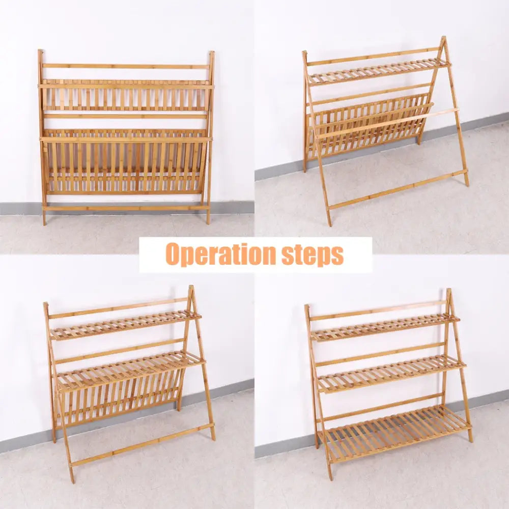 Modern folding light brown bamboo plant stand living room 3 tier shelf