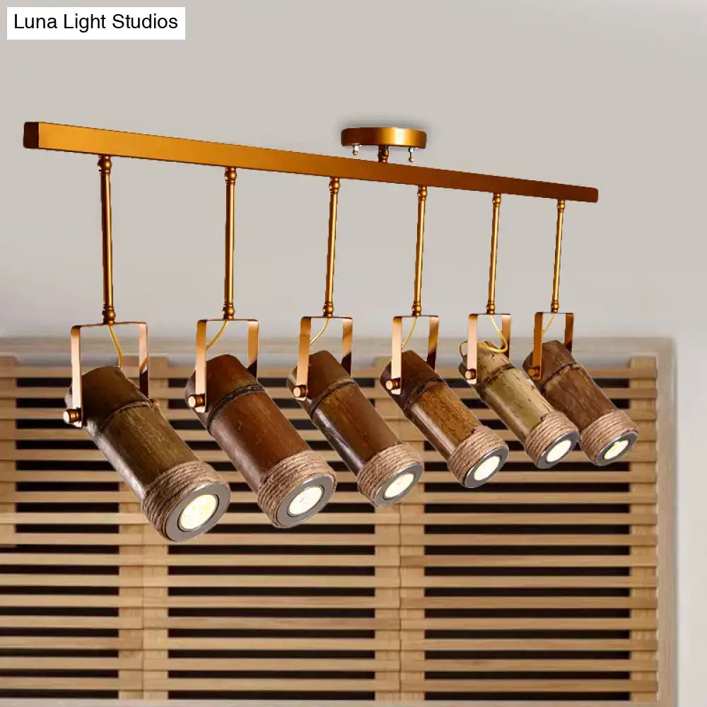 Industrial bamboo tube kitchen island light with copper spotlights