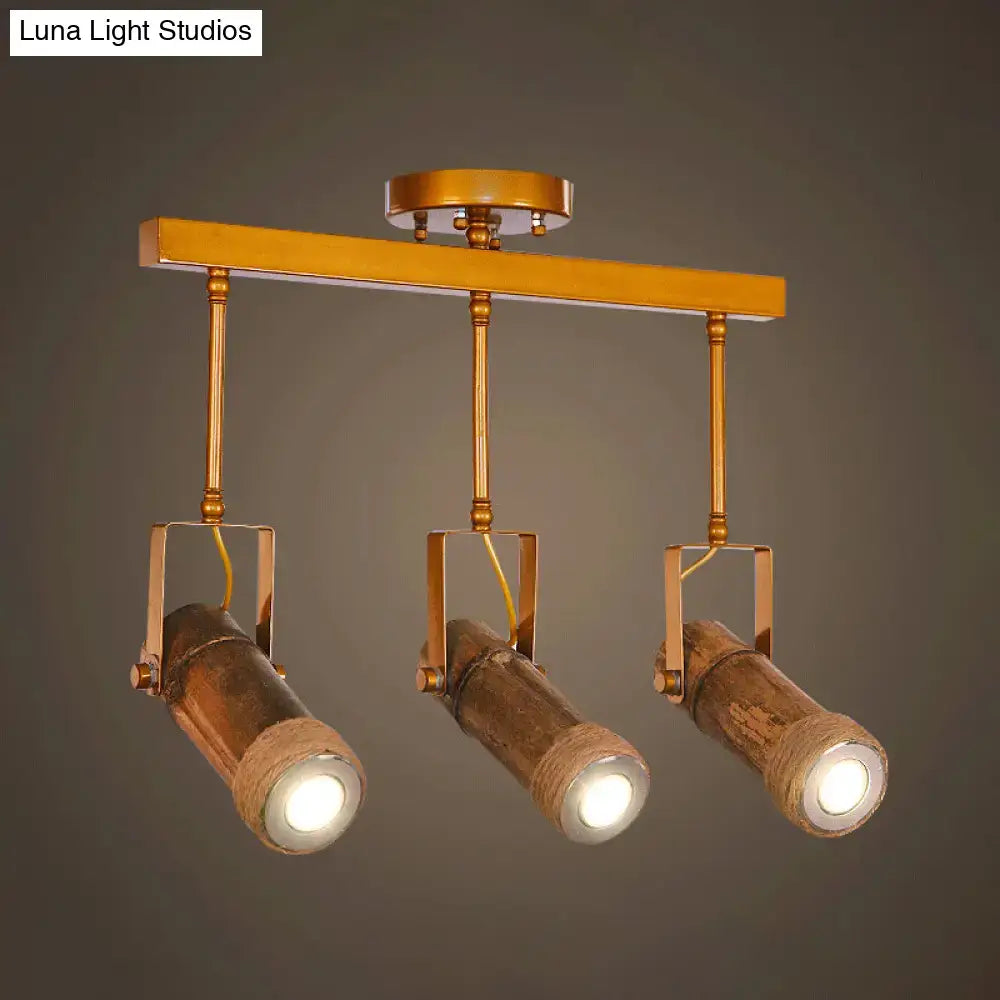 Industrial bamboo tube kitchen island light with copper spotlights