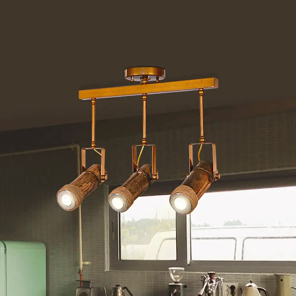 Industrial bamboo tube kitchen island light with copper spotlights