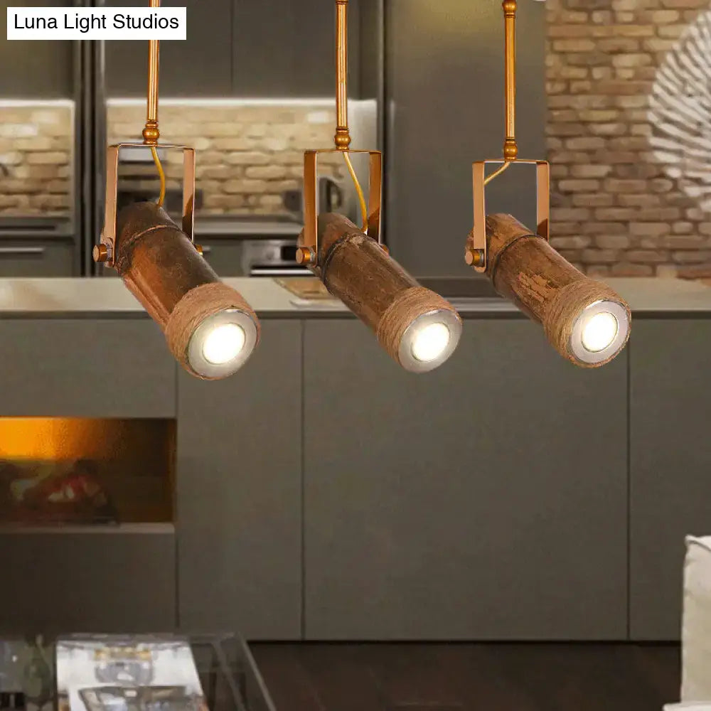 Industrial bamboo tube kitchen island light with copper spotlights
