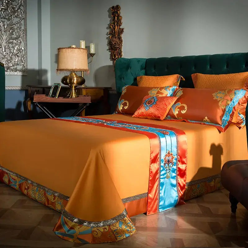Baroque orchid & gold 200s embroidery cotton bedding set bedroom
