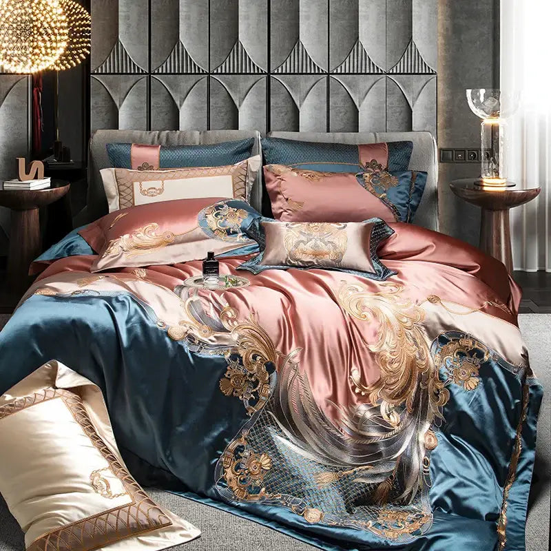 Baroque rose gold & deep teal 1500tc egyptian cotton bedding set bedroom