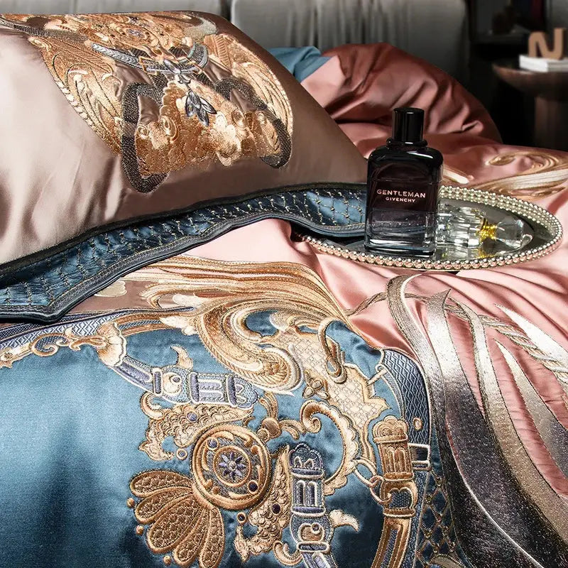 Baroque rose gold & deep teal 1500tc egyptian cotton bedding set bedroom