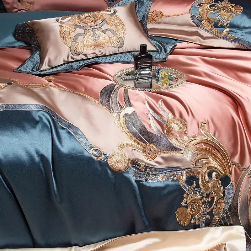 Baroque rose gold & deep teal 1500tc egyptian cotton bedding set bedroom