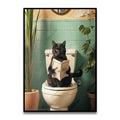 Funny black cat reading newspaper canvas wall art for bathroom