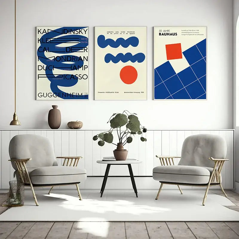 Bauhaus movement geometric orange & blue wall art living room poster
