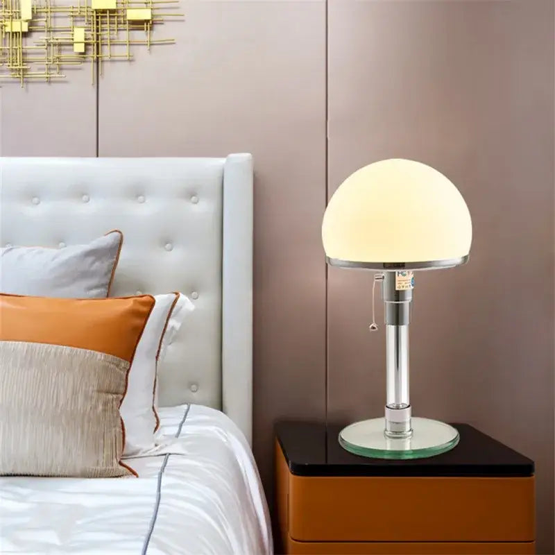 Bauhaus mushroom table lamp in chrome and white glass for bedroom