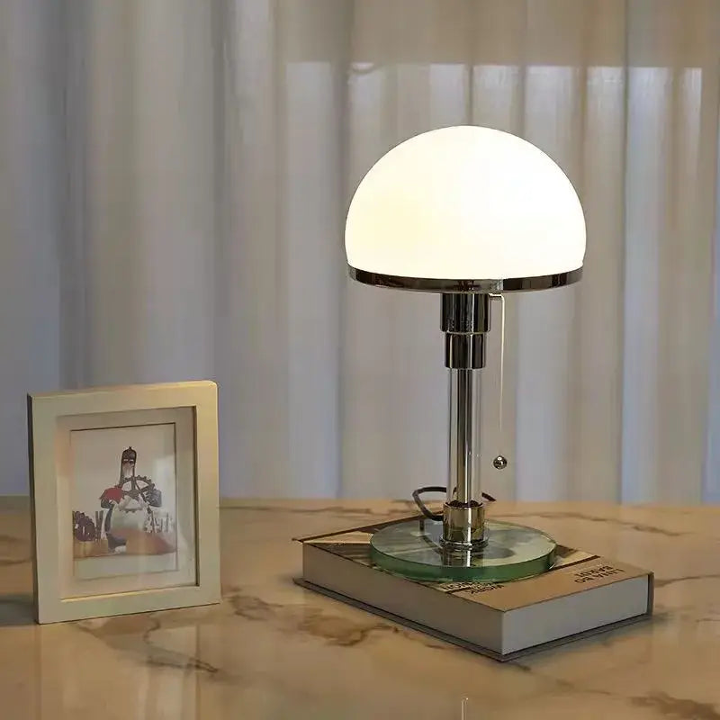 Bauhaus mushroom table lamp in chrome and white glass for bedroom