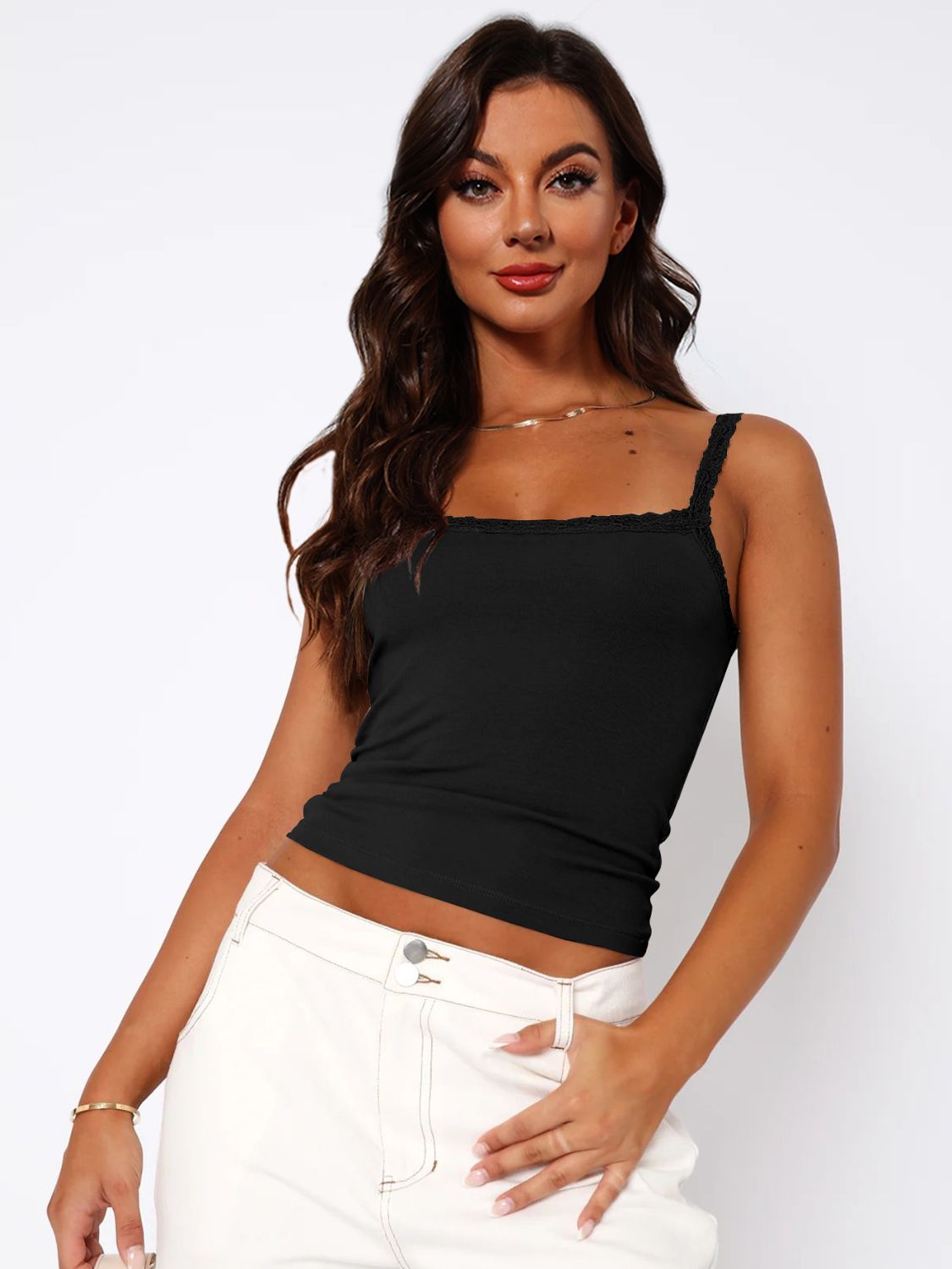 Lace Trim Straight Neck Cami T-shirt