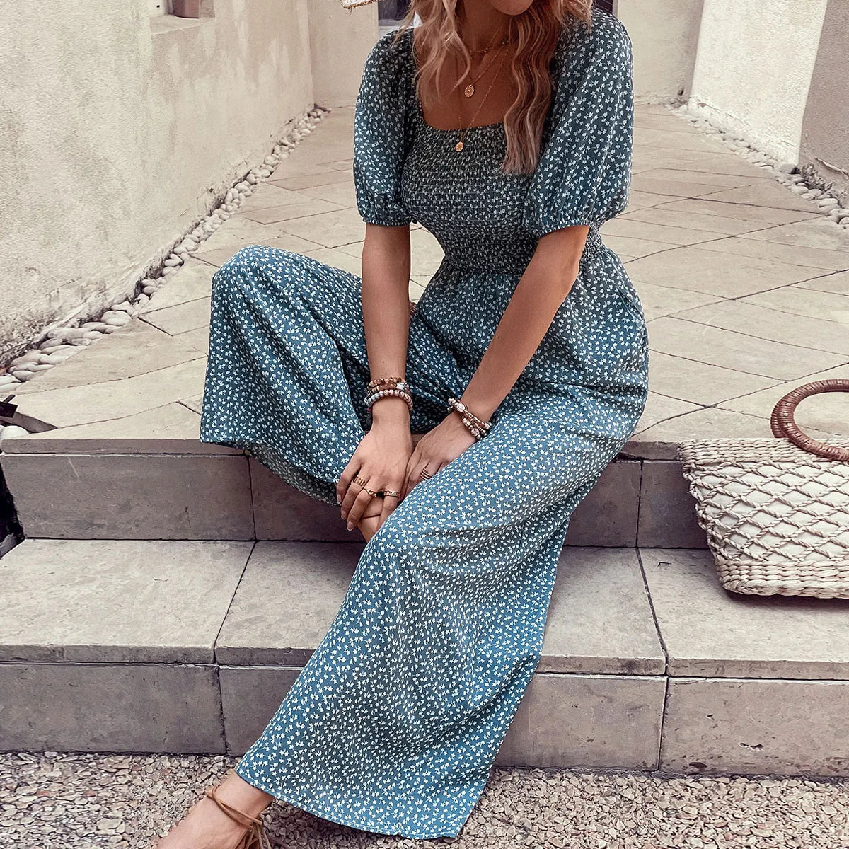 Printed Square Neck Puff Sleeve Jumpsuit