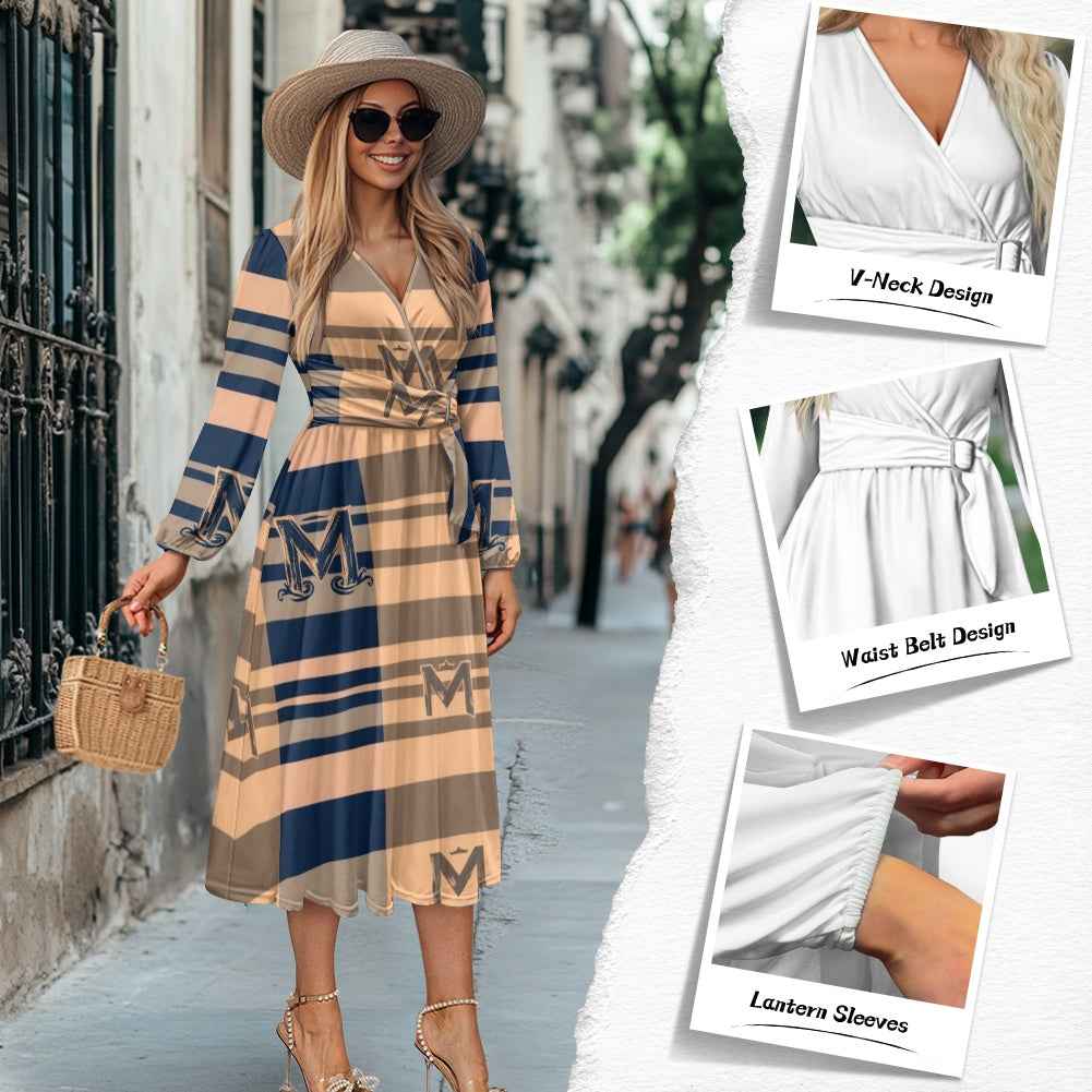 MUNSIEUR V-Neck Long Sleeve Tie Waist Midi Dress