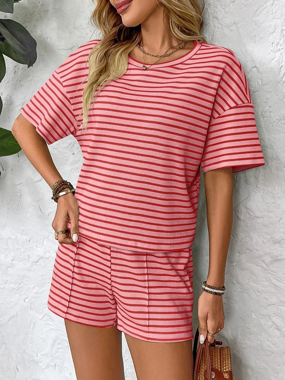 Women's Striped Round Neck Top and Bottoms Set