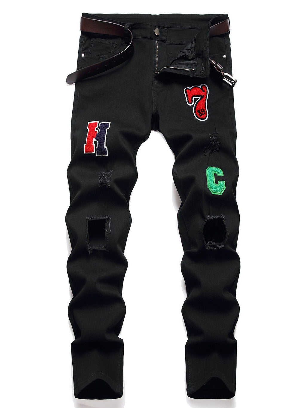 Men's Black Designer Patched Pants High Quality Fabric Slim-fitting