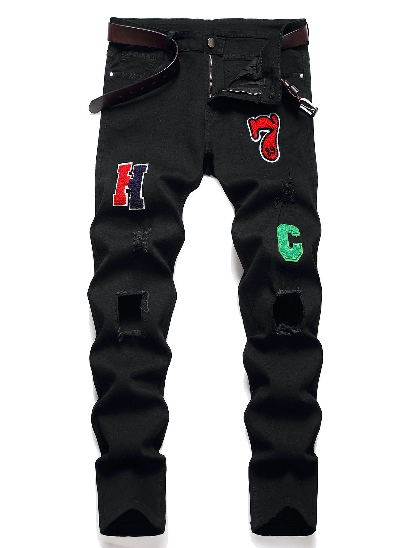 Men's Black Designer Patched Pants High Quality Fabric Slim-fitting