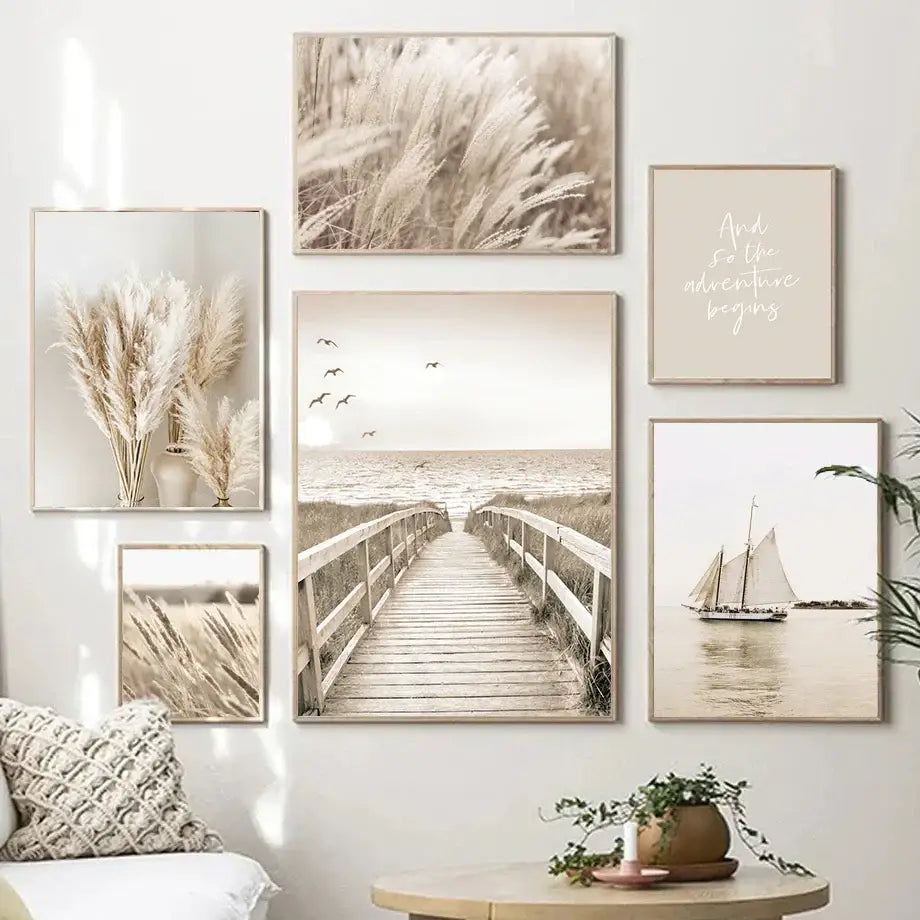Beige flower grass scenery canvas wall art for living room