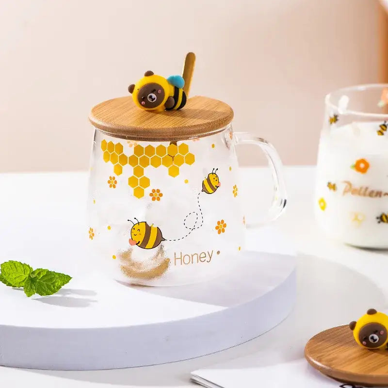 Bee glass spoon milk cup with bamboo lid kitchen coffee mug