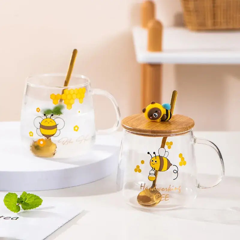 Bee glass spoon milk cup with bamboo lid kitchen coffee mug