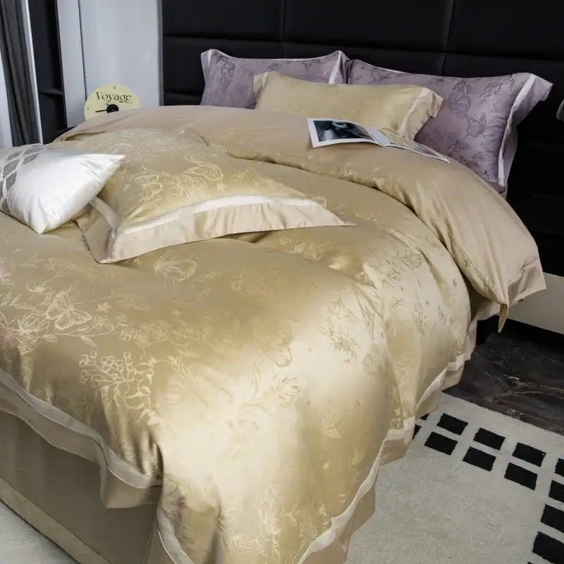 Beige and gold butterfly lyocell cotton bedding set bedroom