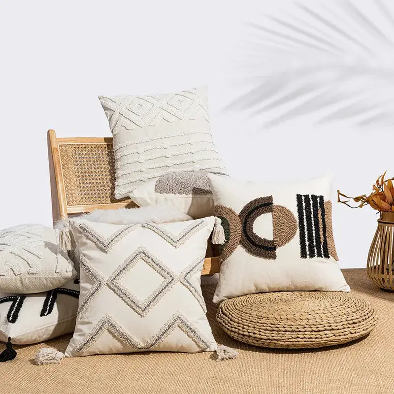 Beige and white geometric embroidery tassel cushion cover living room