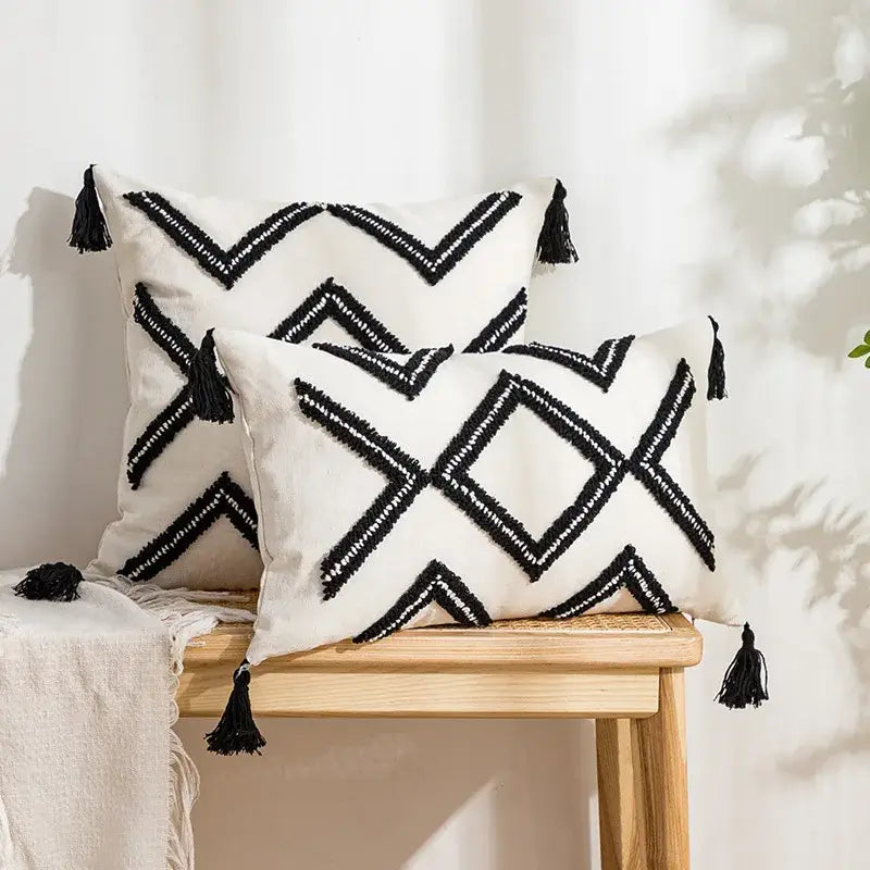 Beige and white geometric embroidery tassel cushion cover living room