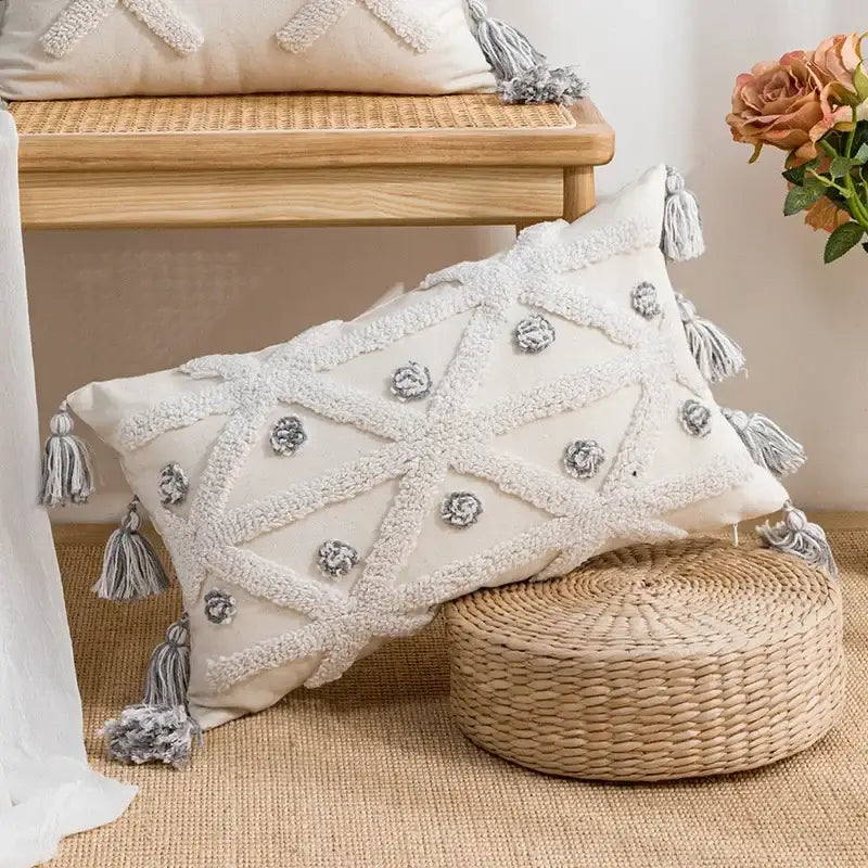 Beige and white geometric embroidery tassel cushion cover living room