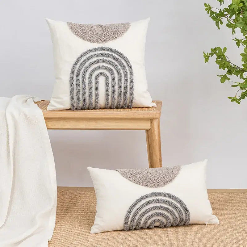 Beige and white geometric embroidery tassel cushion cover living room