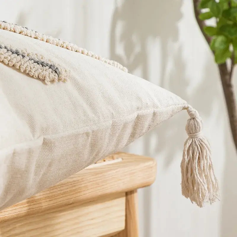 Beige and white geometric embroidery tassel cushion cover living room