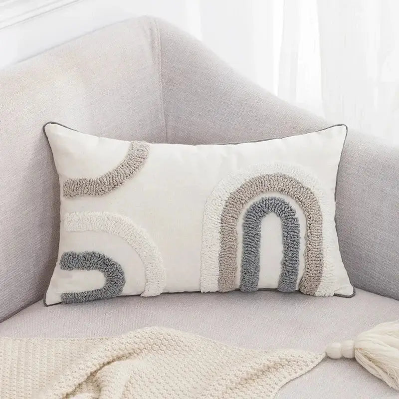 Beige and white geometric embroidery tassel cushion cover living room