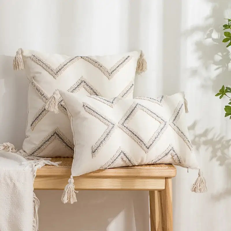 Beige and white geometric embroidery tassel cushion cover living room