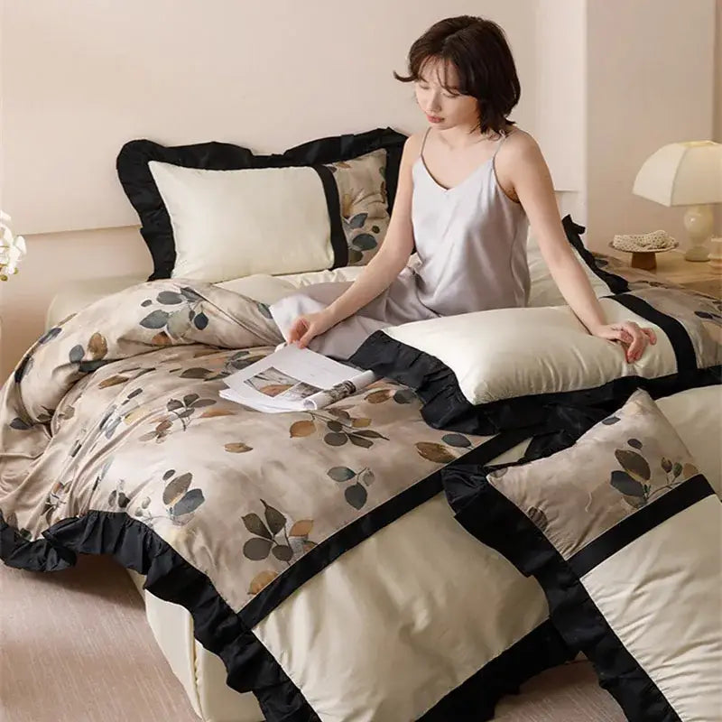 Beige & black leaf ice rayon summer bedding set bedroom duvet set