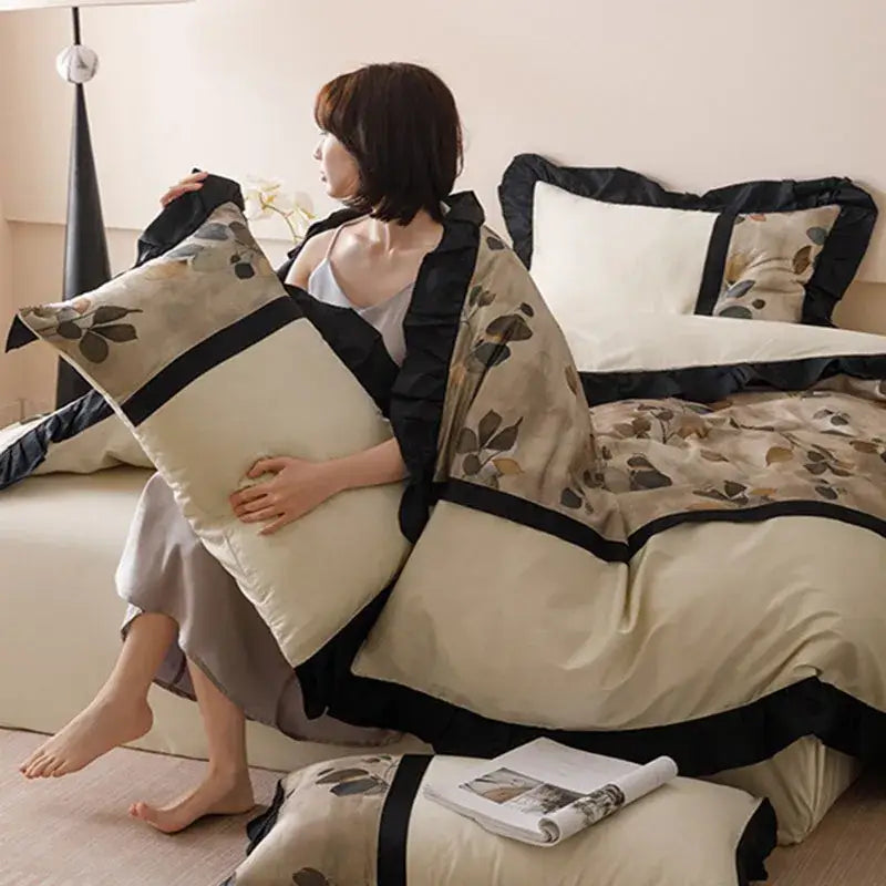 Beige & black leaf ice rayon summer bedding set bedroom duvet set